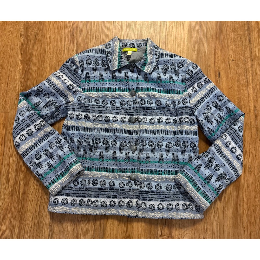 Sigrid Olsen Quilted Cotton Blazer Jacket L Blue Teal Geometric Print Boho Artsy